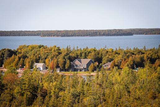 Scenic Muskoka lakefront in autumn with a row of cottages along the shorelines.