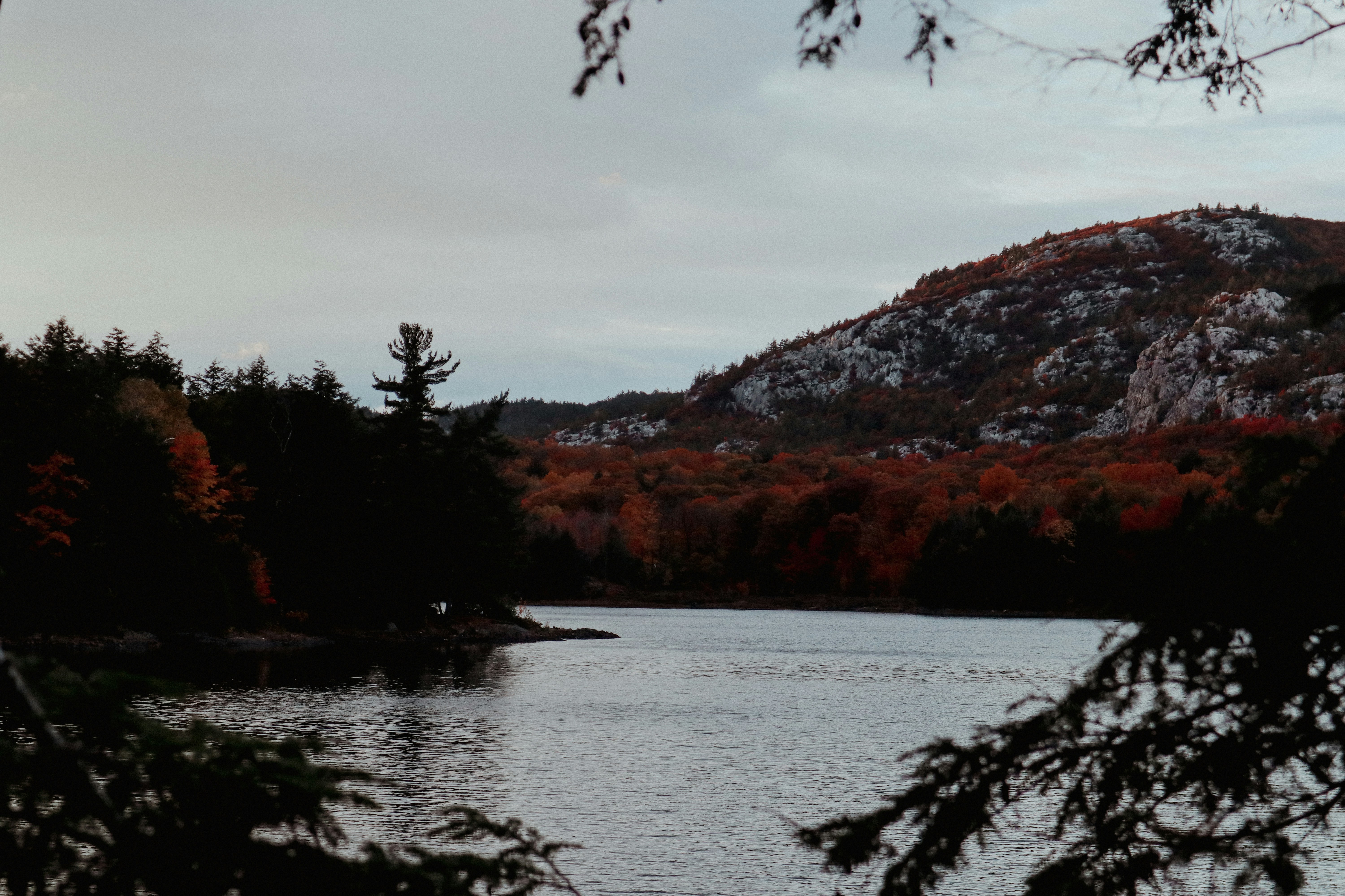a lake with trees and mountains in the background
