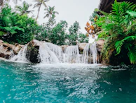 A tropical rainforest waterfall cascading into a clear blue pool.