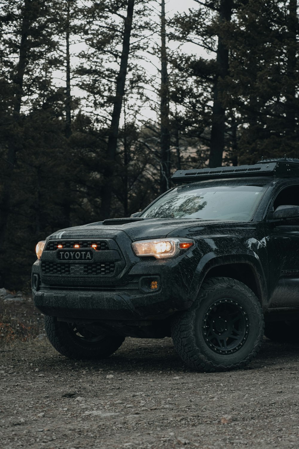 a black car parked in a wooded area