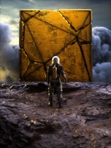 An astronaut in a futuristic suit stands in front of a large, mysterious golden cube with intricate designs. The surrounding landscape appears rugged and extraterrestrial, with dark, rocky terrain under a dramatic, cloudy sky.
