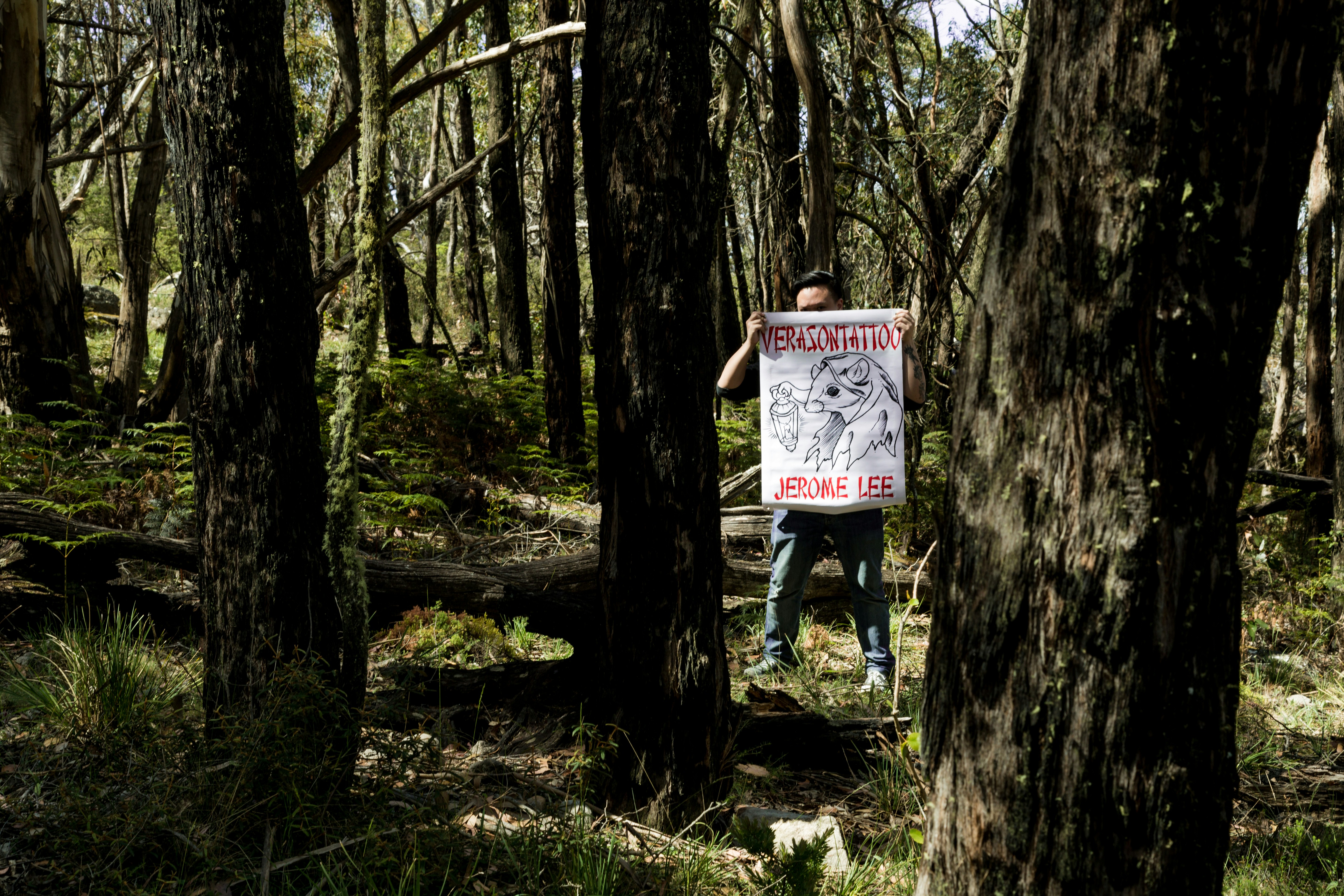 a person holding a sign in the woods