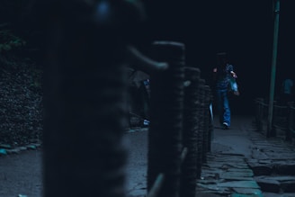 A dimly lit path with rope-lined railings on either side. A person carrying a bag is walking away from the camera, dressed in dark clothing. The atmosphere is shadowy and mysterious.