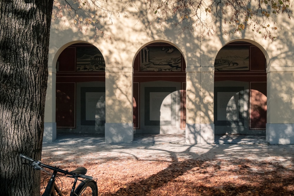 un vélo garé devant un immeuble aux portes cintrées