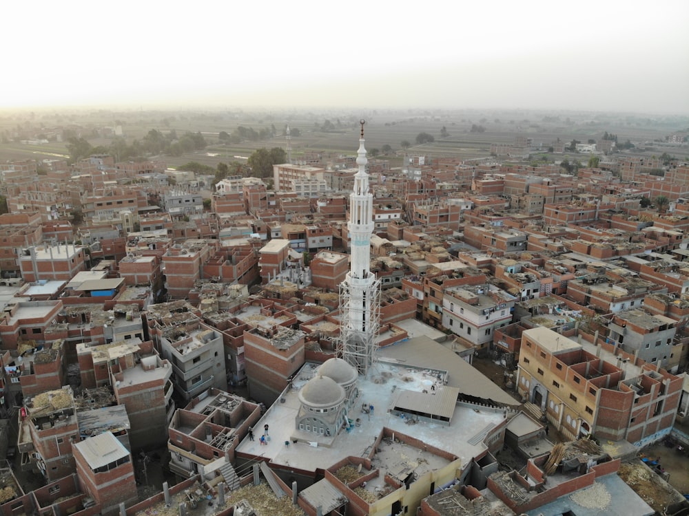 a large city with a tall tower