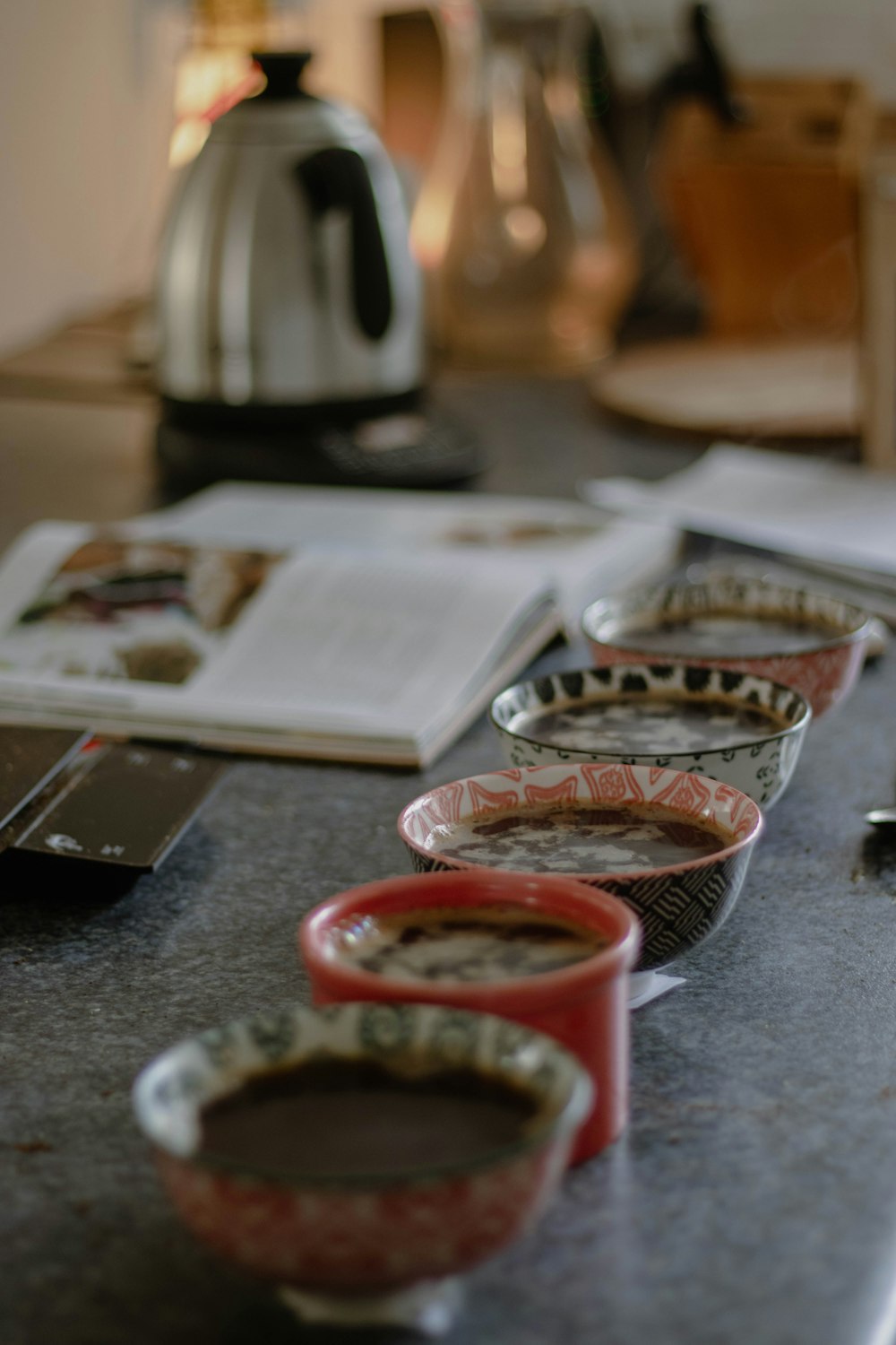 a group of bowls with food in them