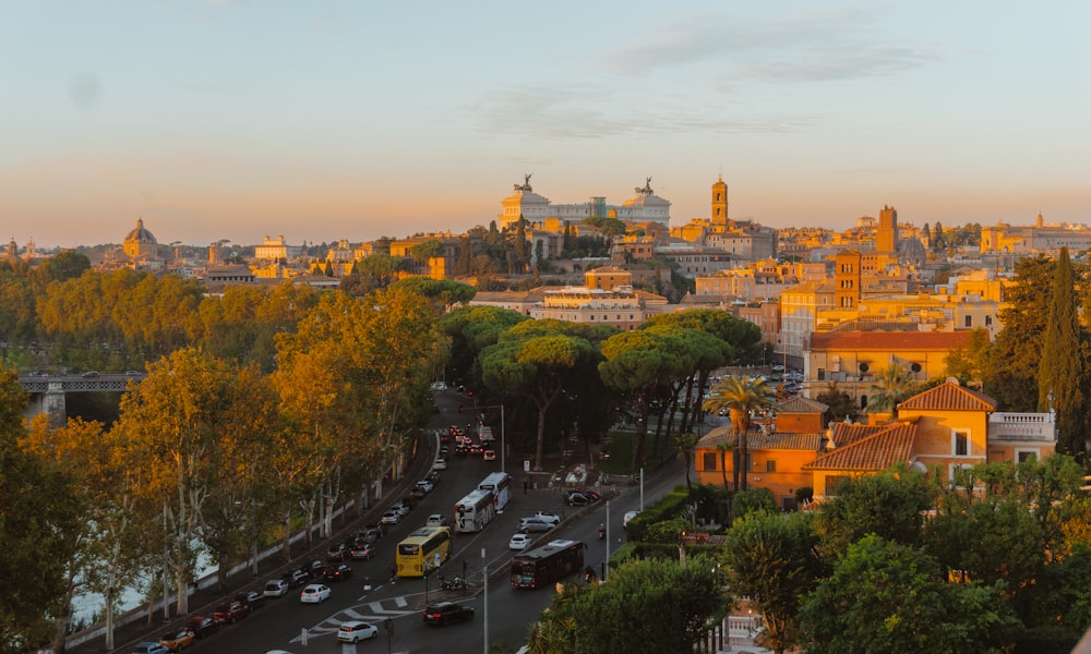 a city with many buildings and trees