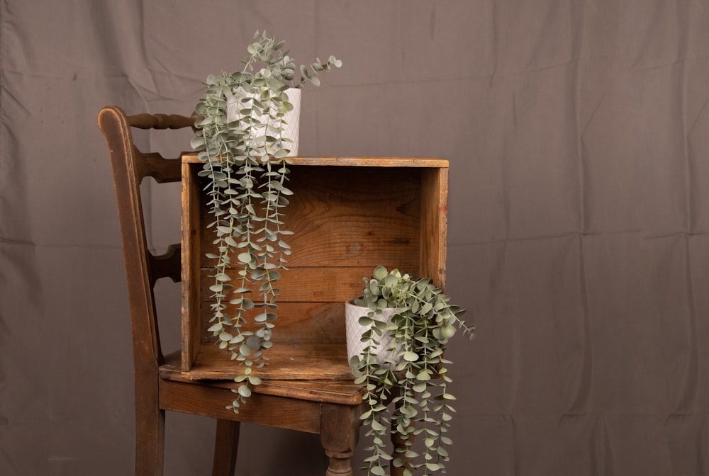 a vase with white flowers on a chair