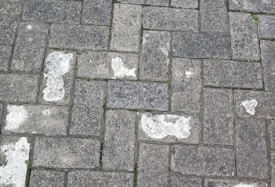 A weathered cobblestone pavement with rectangular stones arranged in a herringbone pattern. Some stones are discolored, showing signs of wear and age, with patches of white marking contrasting against the darker gray stones.