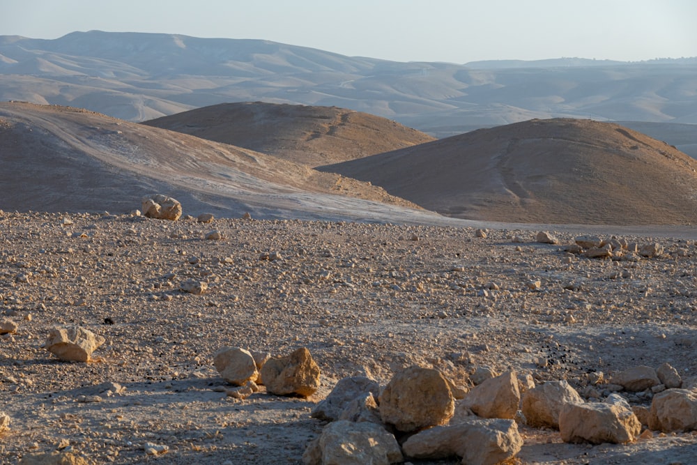 a rocky landscape with hills in the background