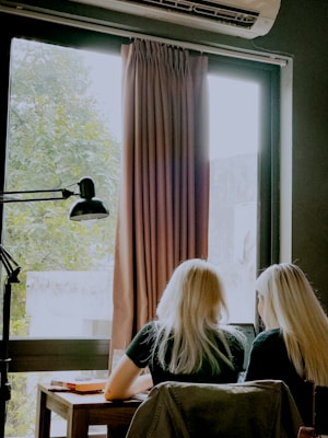 Two people with long blonde hair are seated side by side at a table, facing away and looking at a laptop screen. The room has a large window with curtains partially drawn, letting in natural light. A lamp is positioned near the window and several books are on the table.