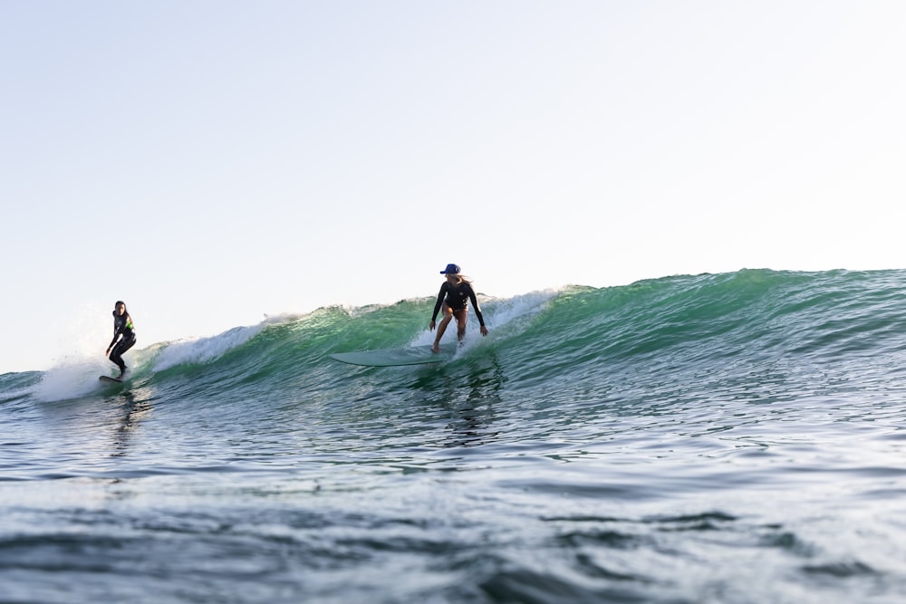 a couple of people surfing on a wave