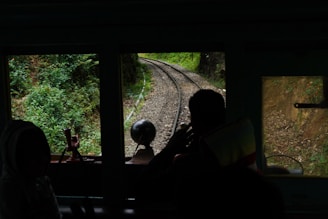 A view from inside a train cab looking out at the railway tracks ahead. The tracks curve gently and are surrounded by lush green vegetation on both sides. Low light and shadows dominate inside the cab, with the silhouette of a person visible.