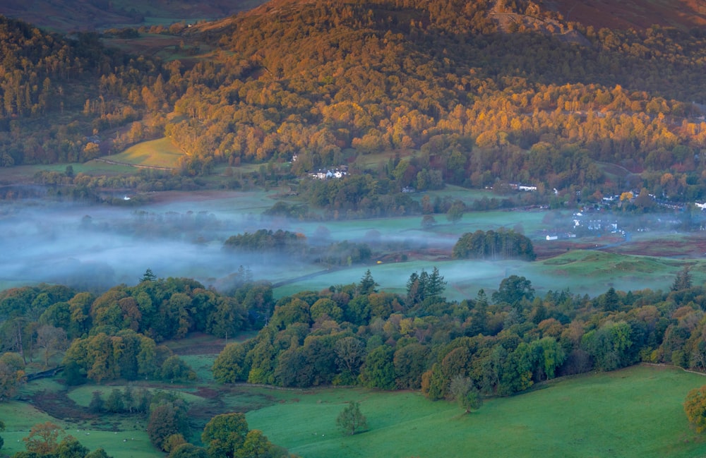 Un lago circondato da colline e alberi