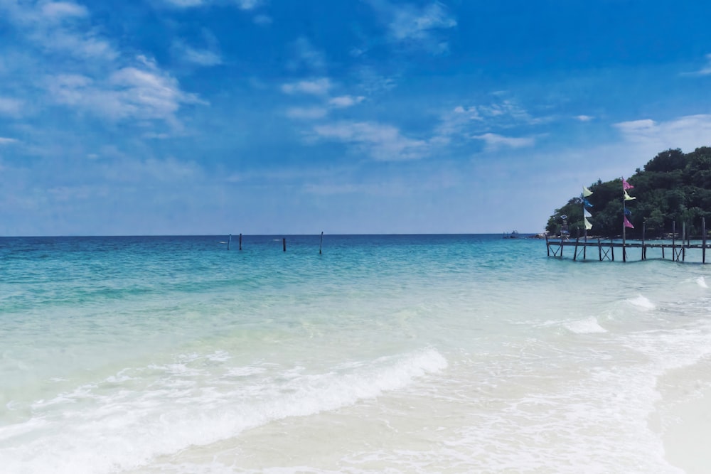 a beach with a pier and a body of water