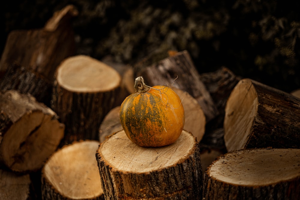 a fruit on a stack of logs