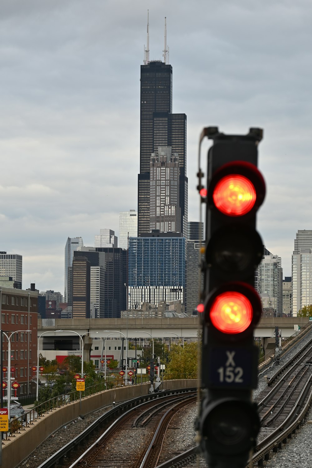 a stop light with a red light