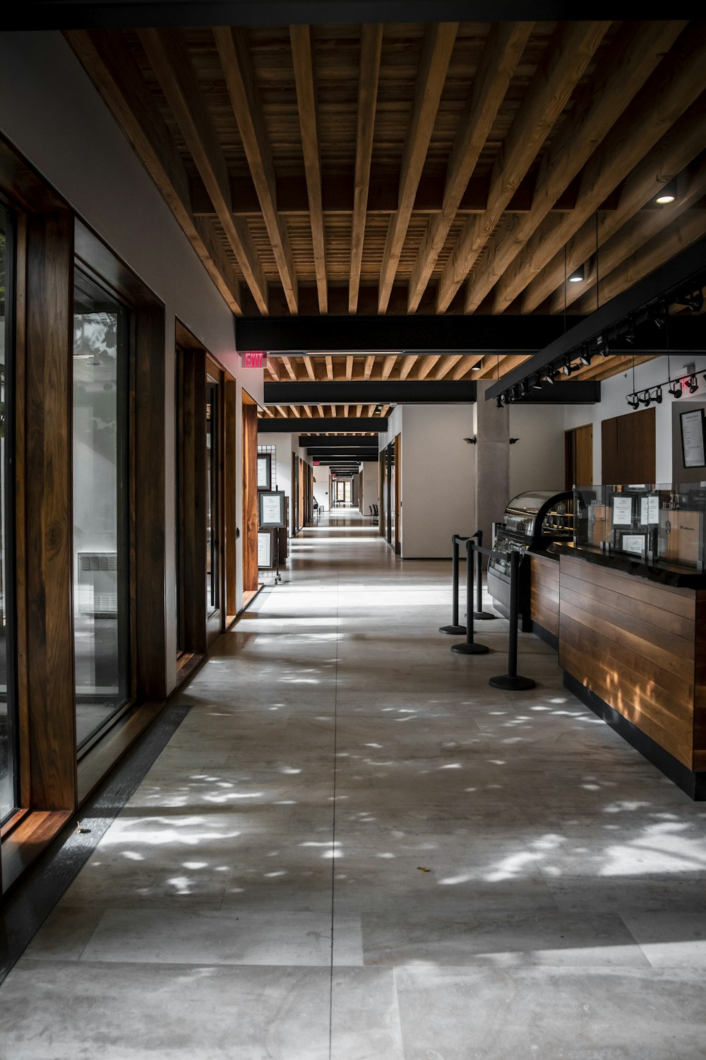 a long hallway with benches