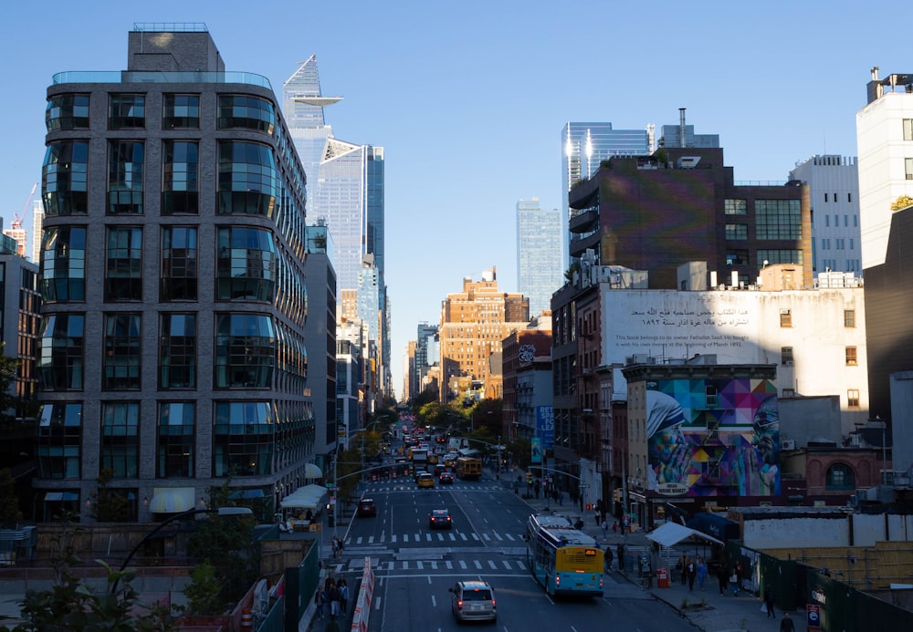 a city street with tall buildings