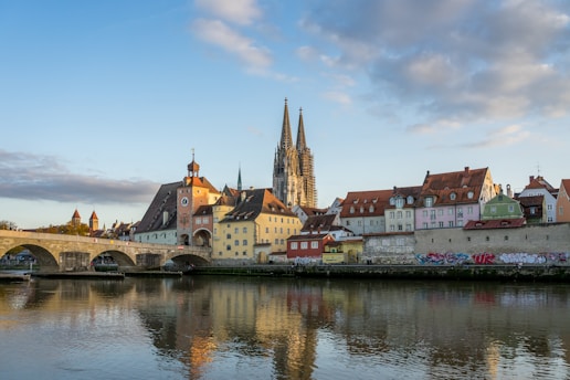 a river with Regensburg and buildings along it