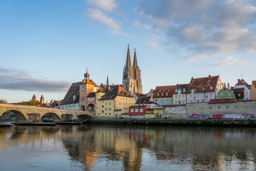 a river with Regensburg and buildings along it