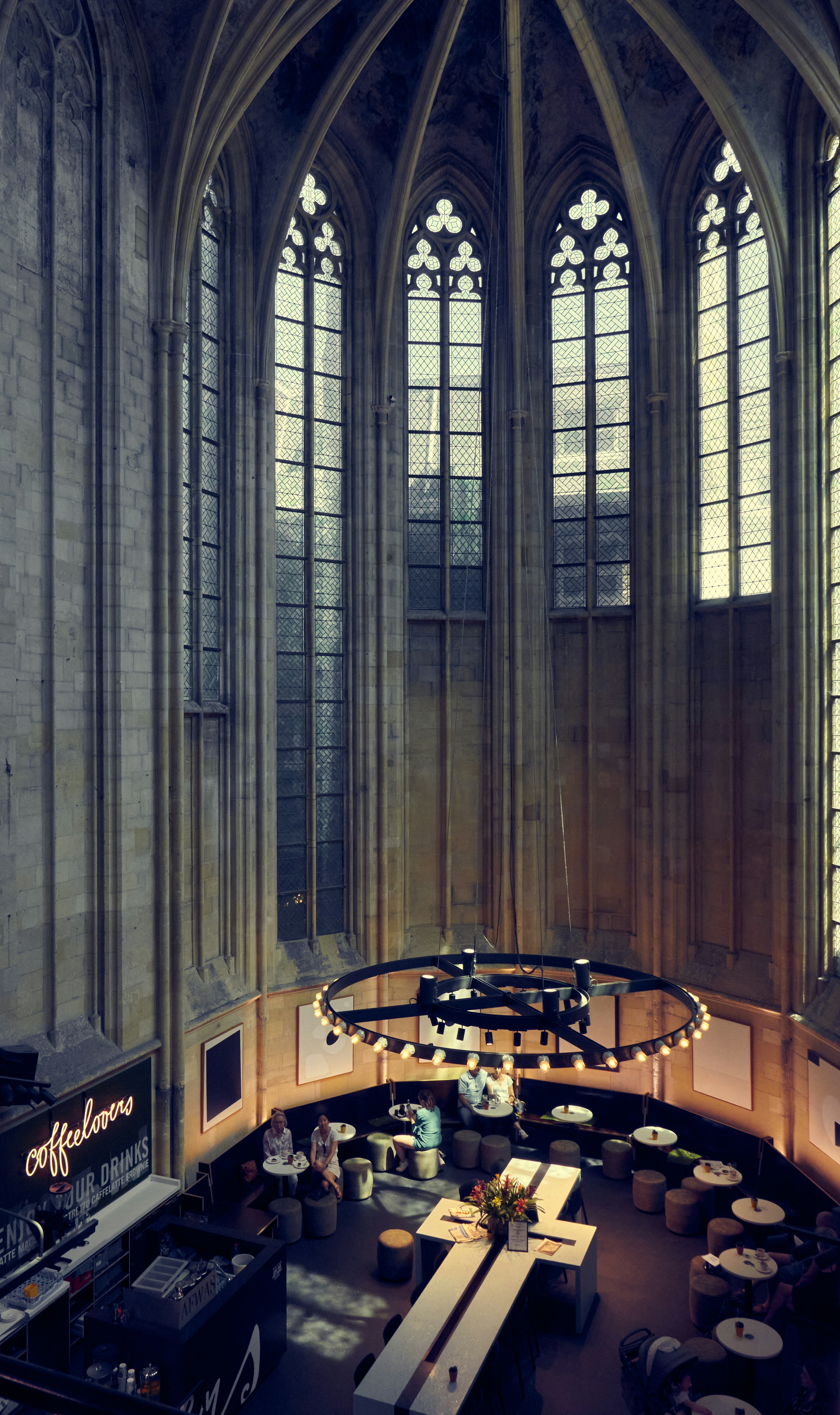 a large room with many windows