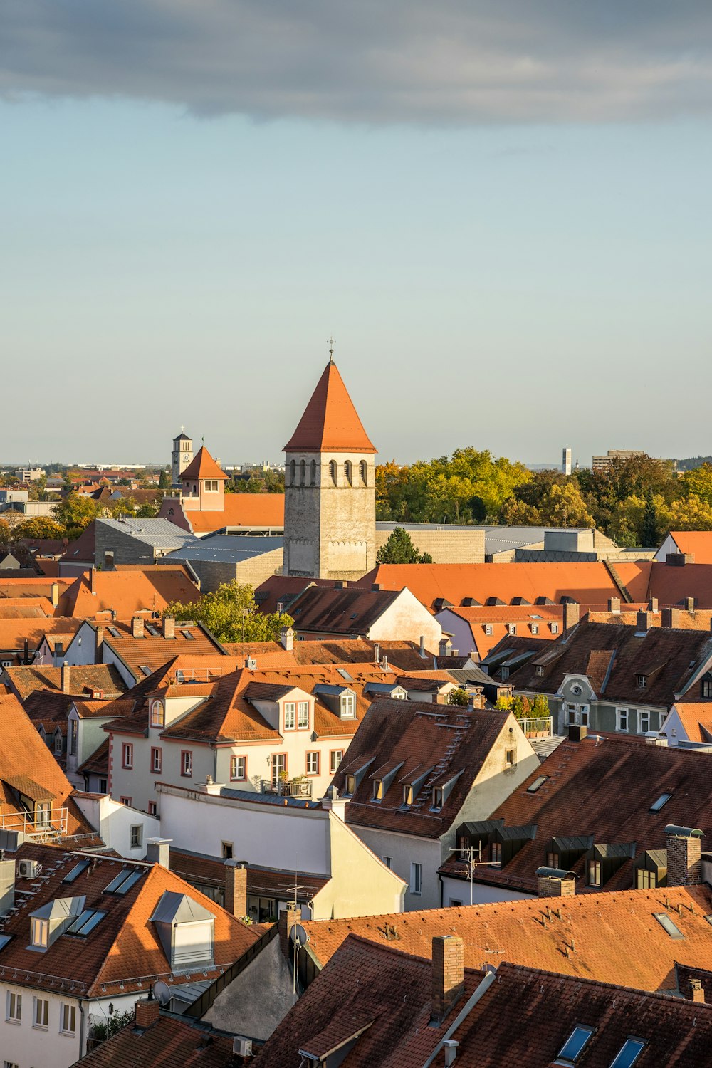 a group of houses with a tower