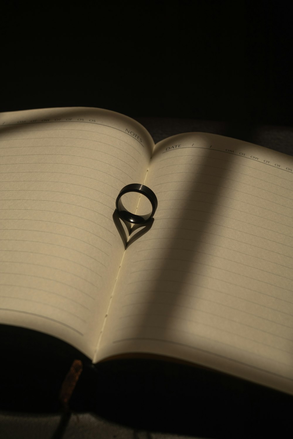a book open with a ring on top
