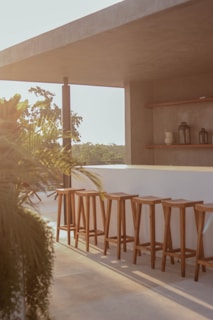An outdoor bar area bathed in warm sunlight, featuring a row of wooden bar stools lined up against a sleek white counter. Minimalist decor includes shelves with small decorative items and plants, casting shadows on the smooth concrete surfaces. The scene feels tranquil and inviting, with lush greenery visible in the background.