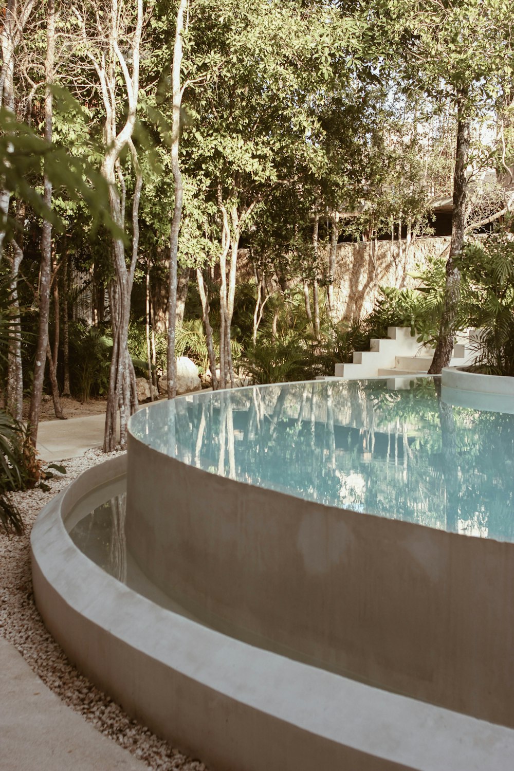 une piscine entourée d’arbres