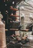 A cozy patio area with a rustic feel, featuring a pile of dark stones possibly for a fire pit in the foreground. There are two chairs with patterned cushions and a metal shelving unit in the background. The space is adorned with potted plants and warm lighting.
