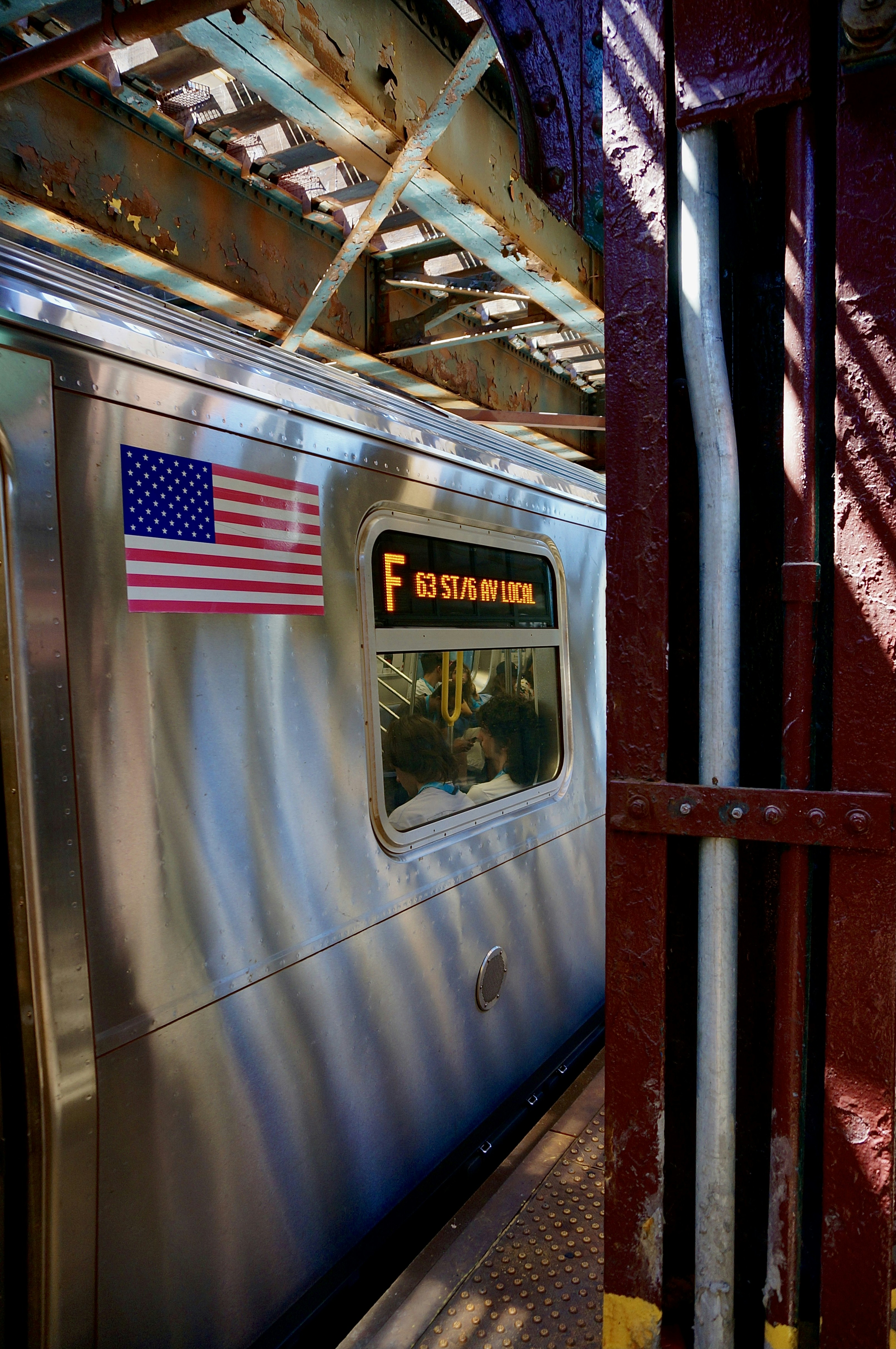 a train with a flag on the window