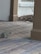A small rodent is seen on a paved surface surrounded by architectural elements, including columns and a beige wall. In the background, there is a landscaped area with mulch and sparse vegetation.