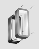 A 3D-rendered exploded view of a rectangular metallic object, with various layers and screws depicted as if floating apart. Each component appears precise and geometrical, showcasing an interconnected assembly of a product or part.