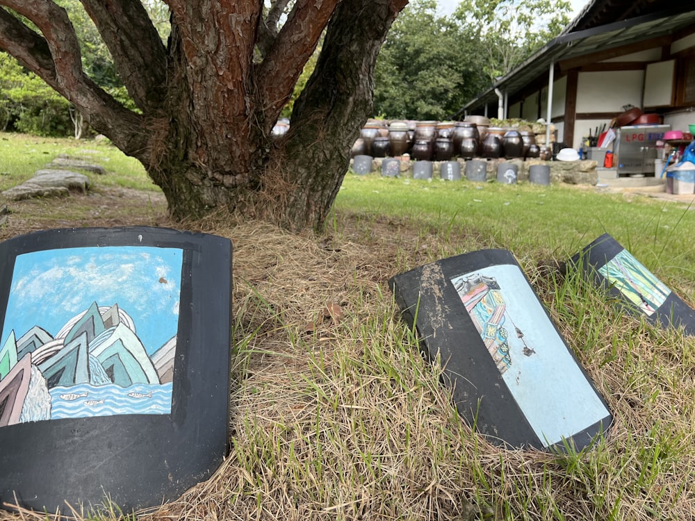 a group of pictures on a stand