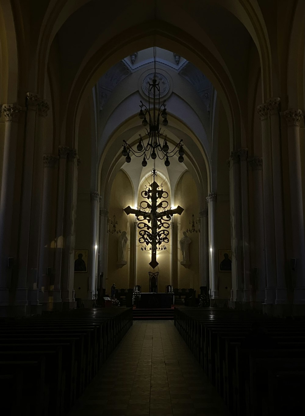 a large church with a large chandelier