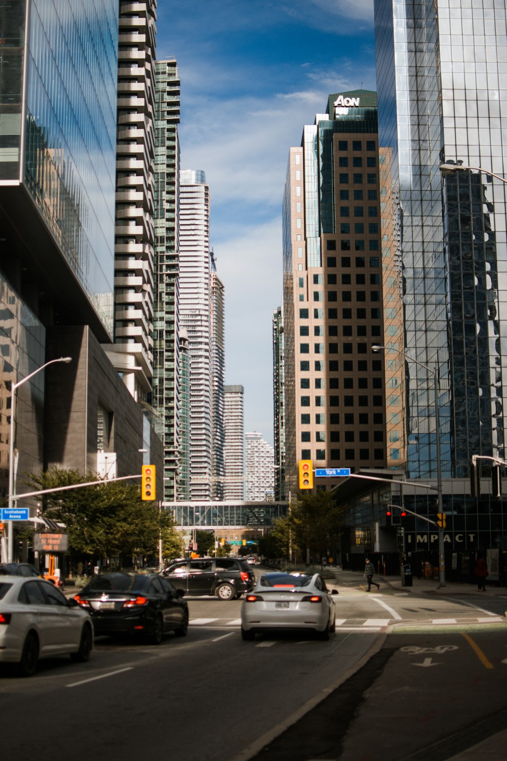 a city street with tall buildings