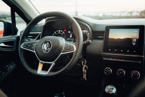 the steering wheel and dashboard of a car