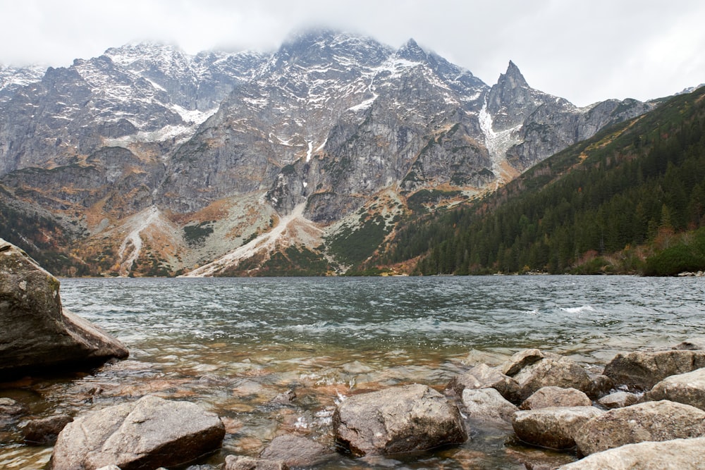 a rocky shore with a body of water and mountains in the background