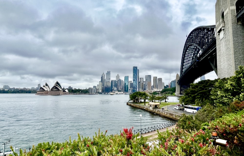 a bridge over a body of water with a city in the background