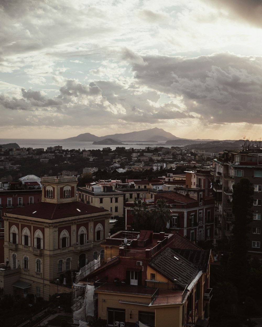 a city with a mountain in the background