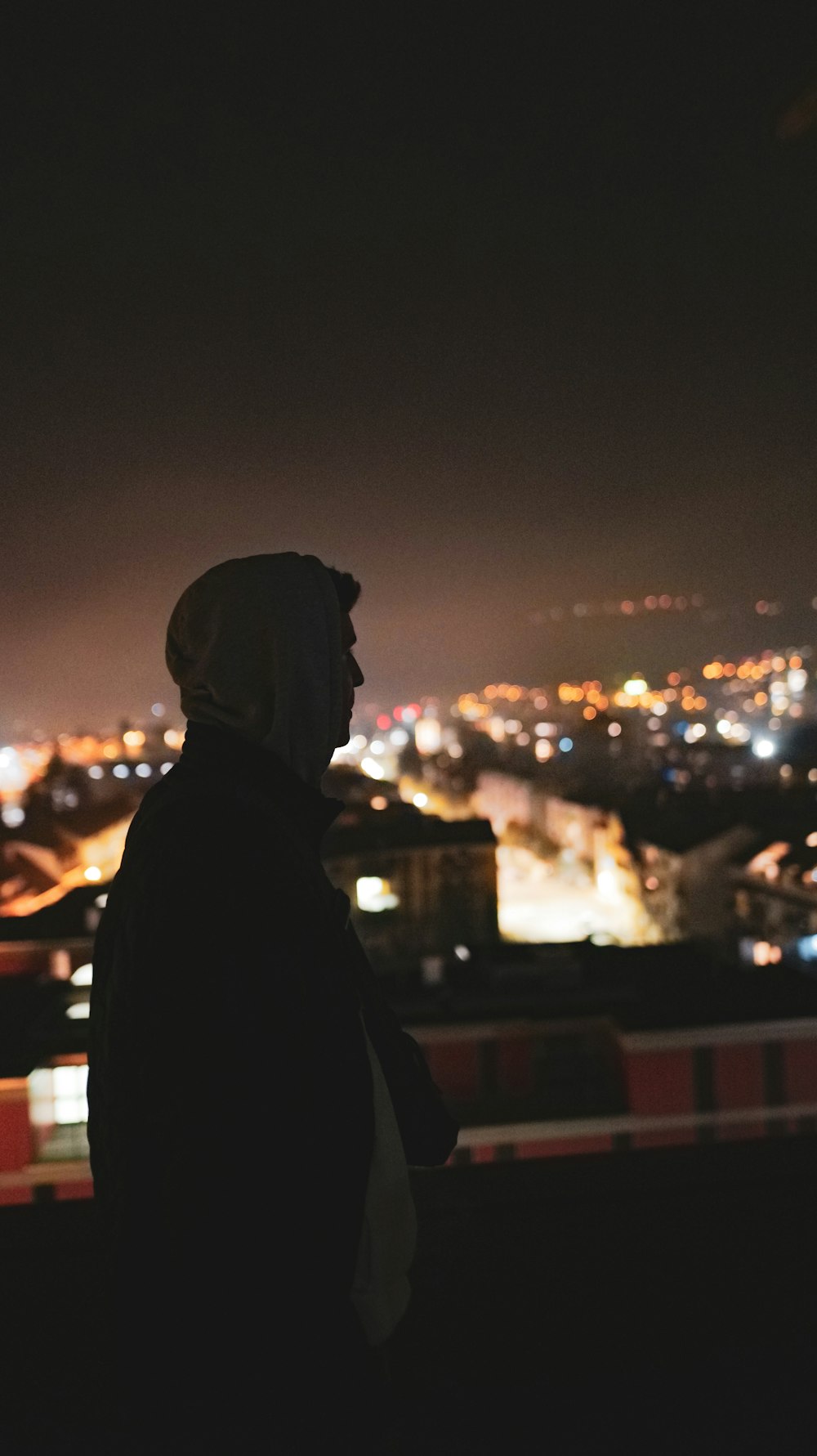 a person standing in front of a city at night