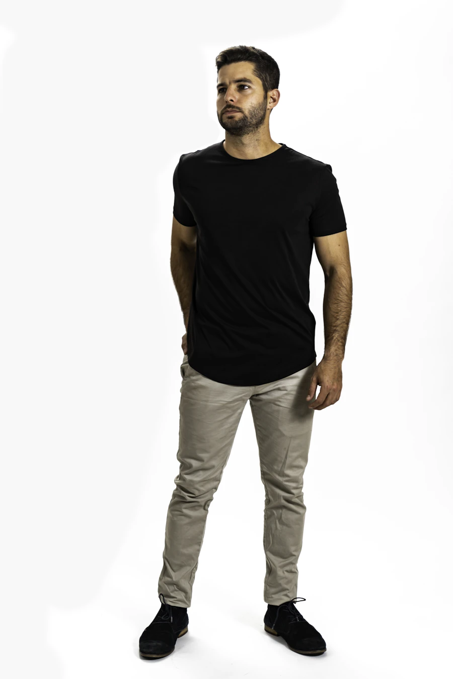 Model wearing a plain black T-shirt