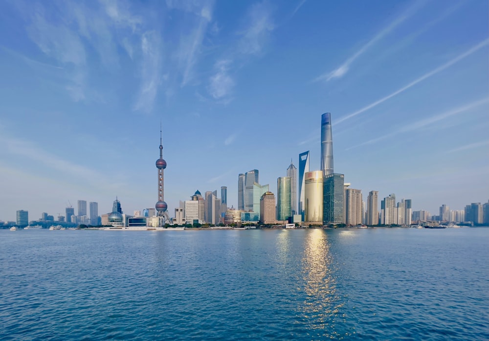 a city skyline across the water