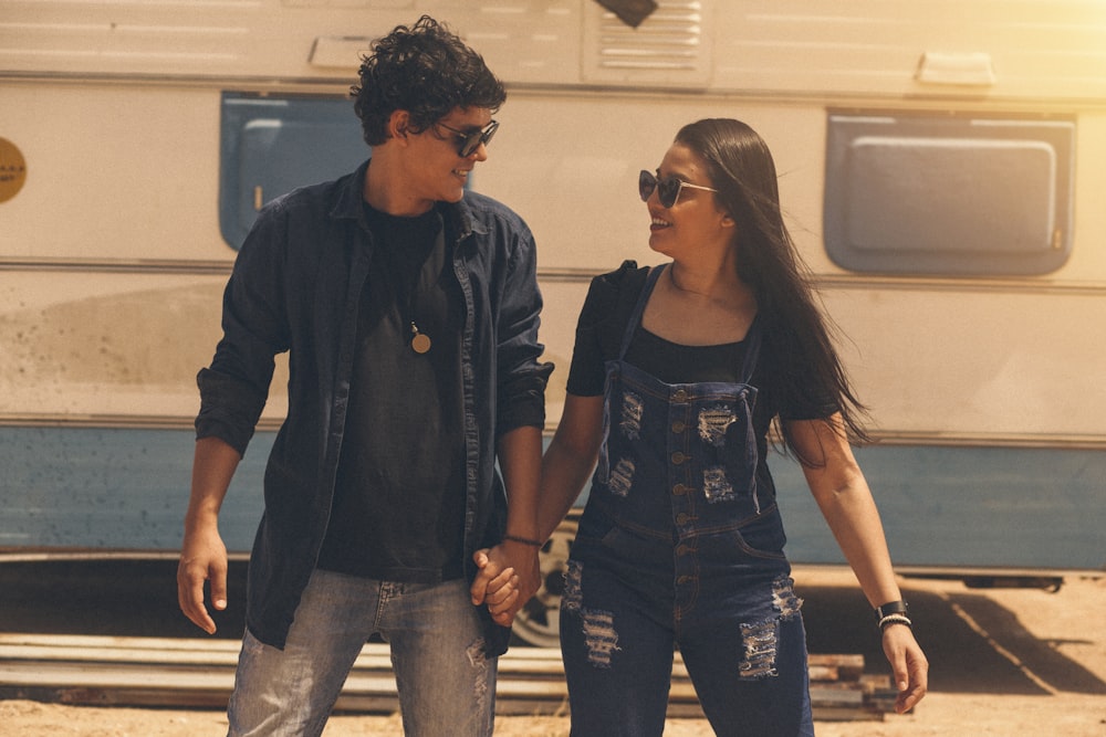 a man and woman walking