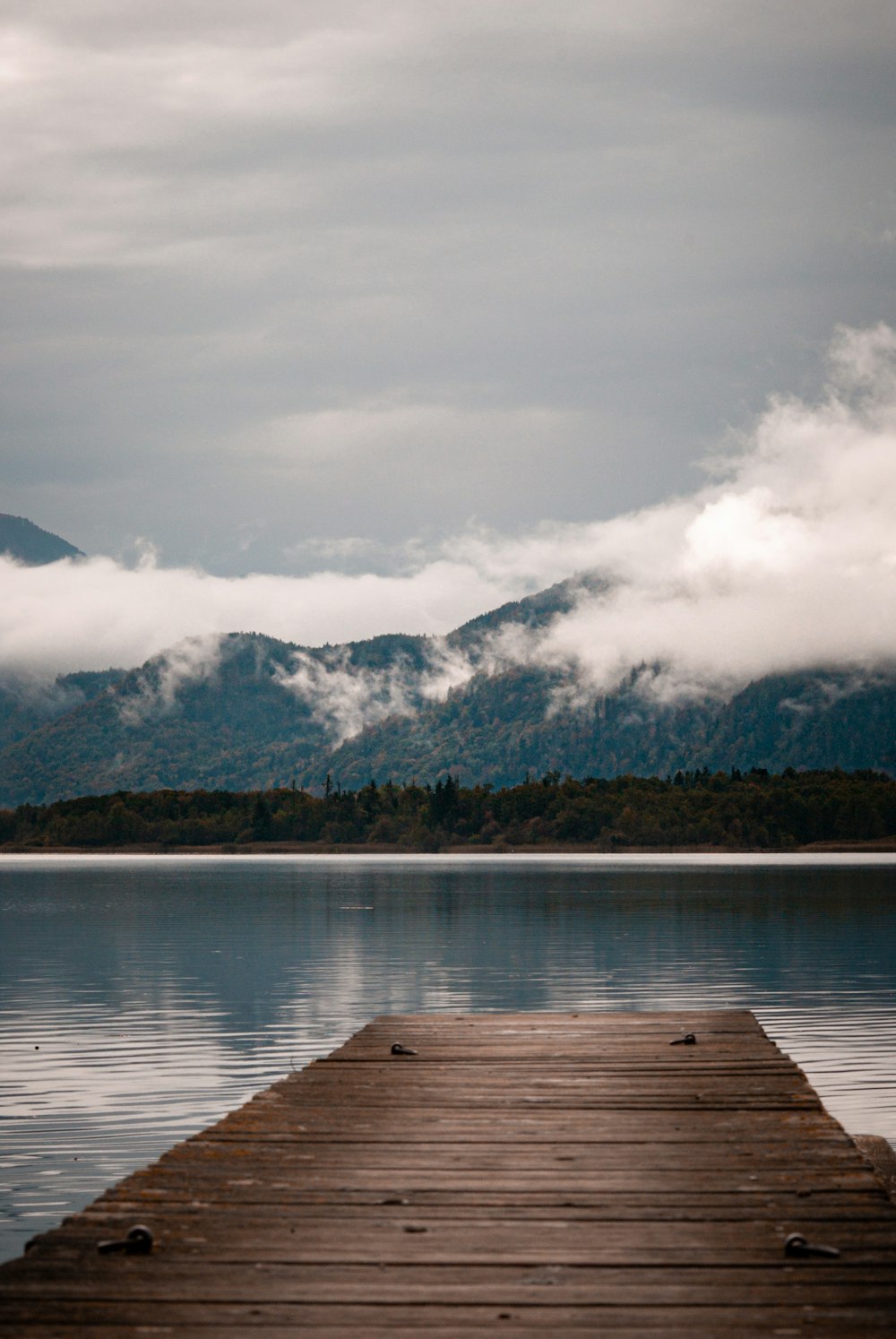 a wood dock leading to a lake