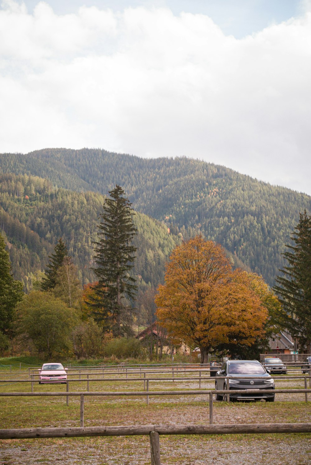 a fenced in field with cars parked in it and trees in the back