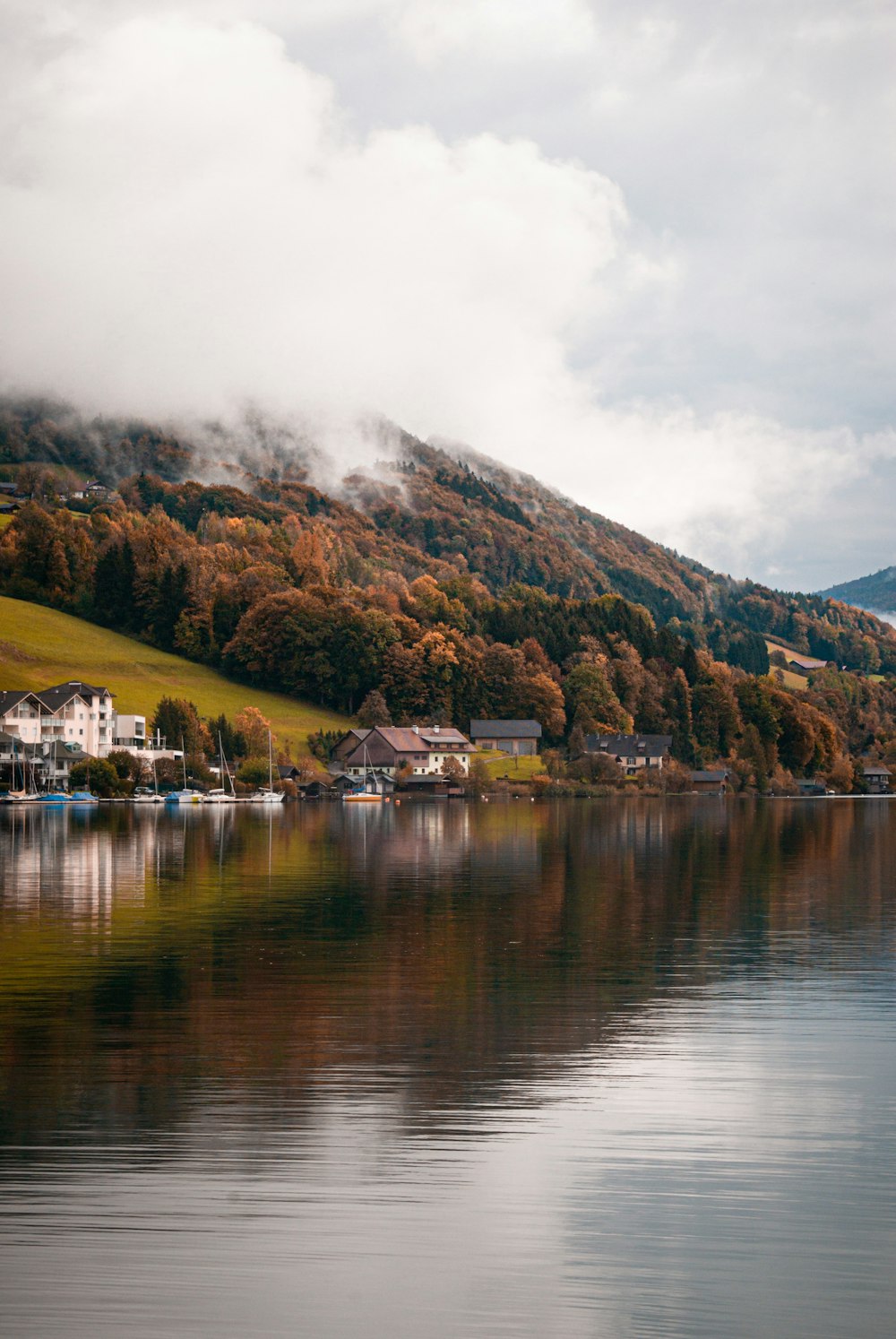 a lake with houses and trees around it