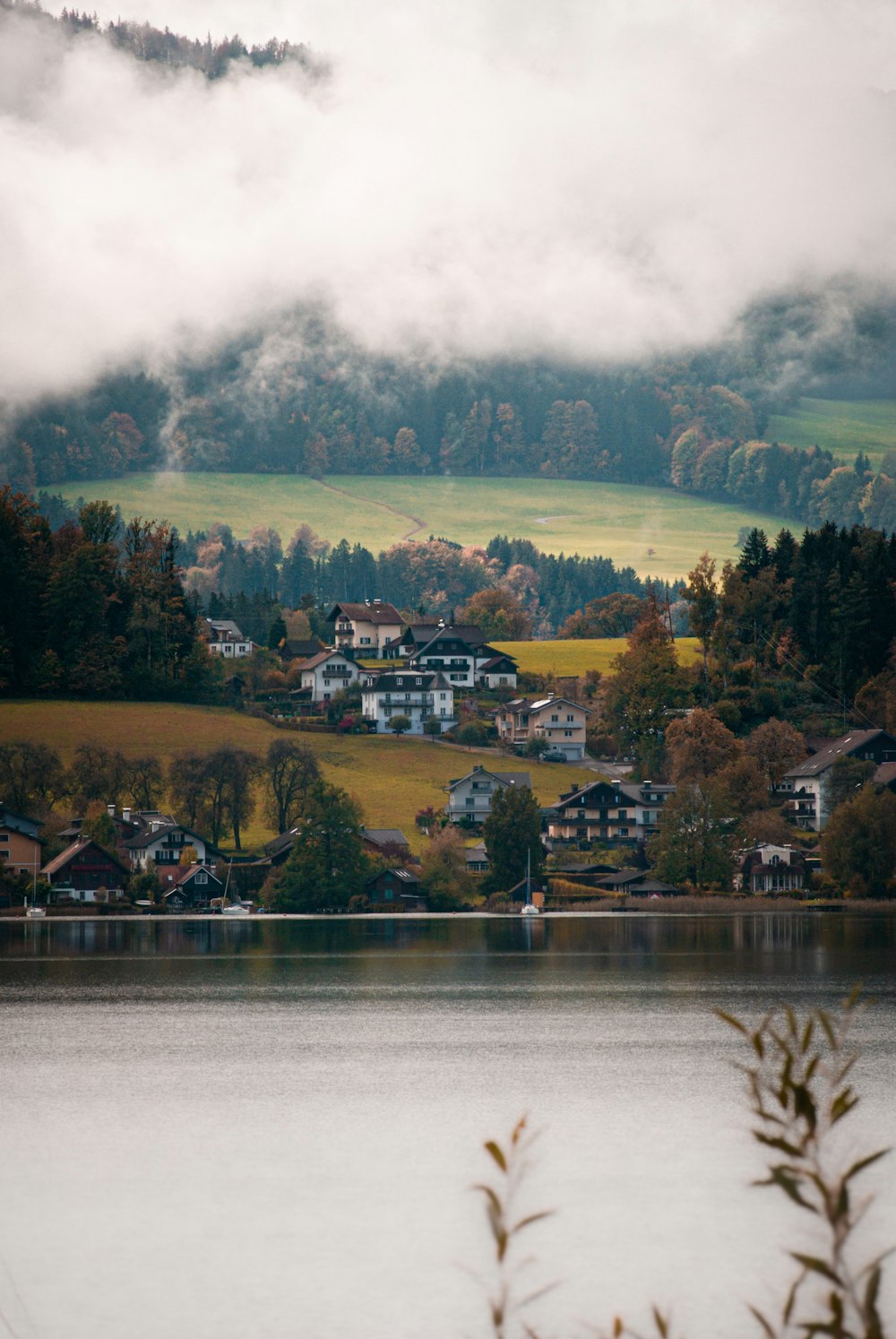 a town next to a lake