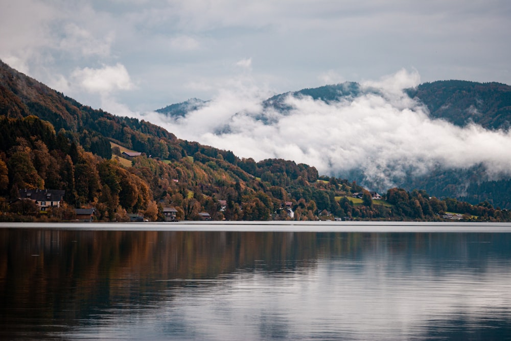 a body of water with trees and mountains in the background